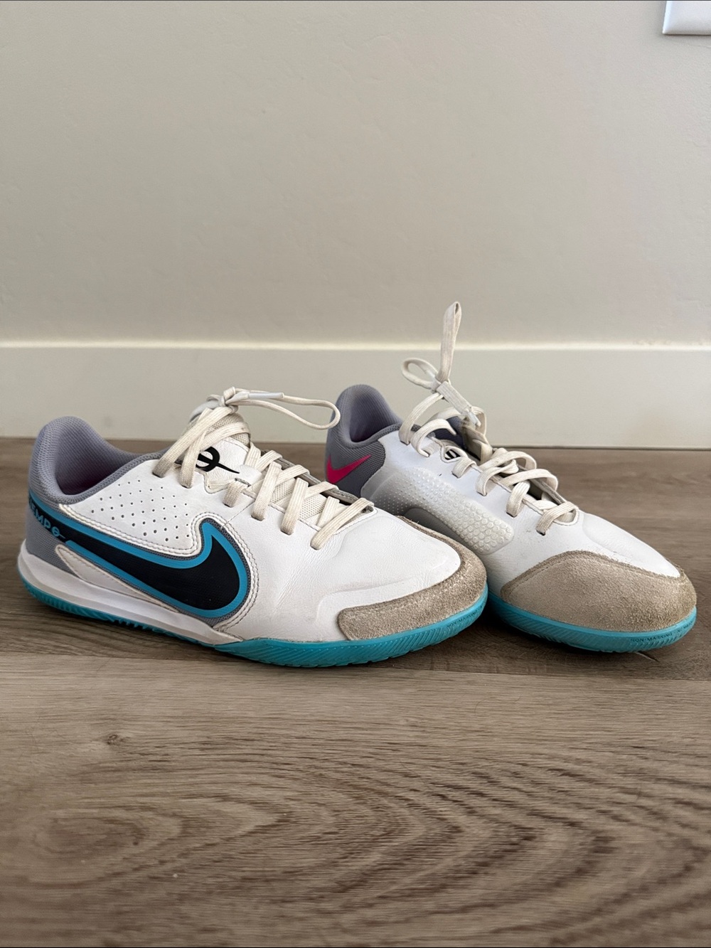 Nike Kids White and Teal Tiempo Indoor Sneakers with Black Swoosh
